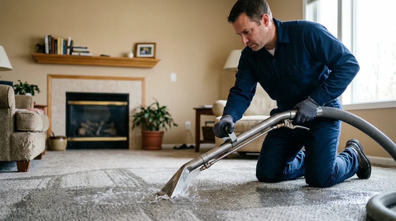Water damage restoration technician working near Camden, IL